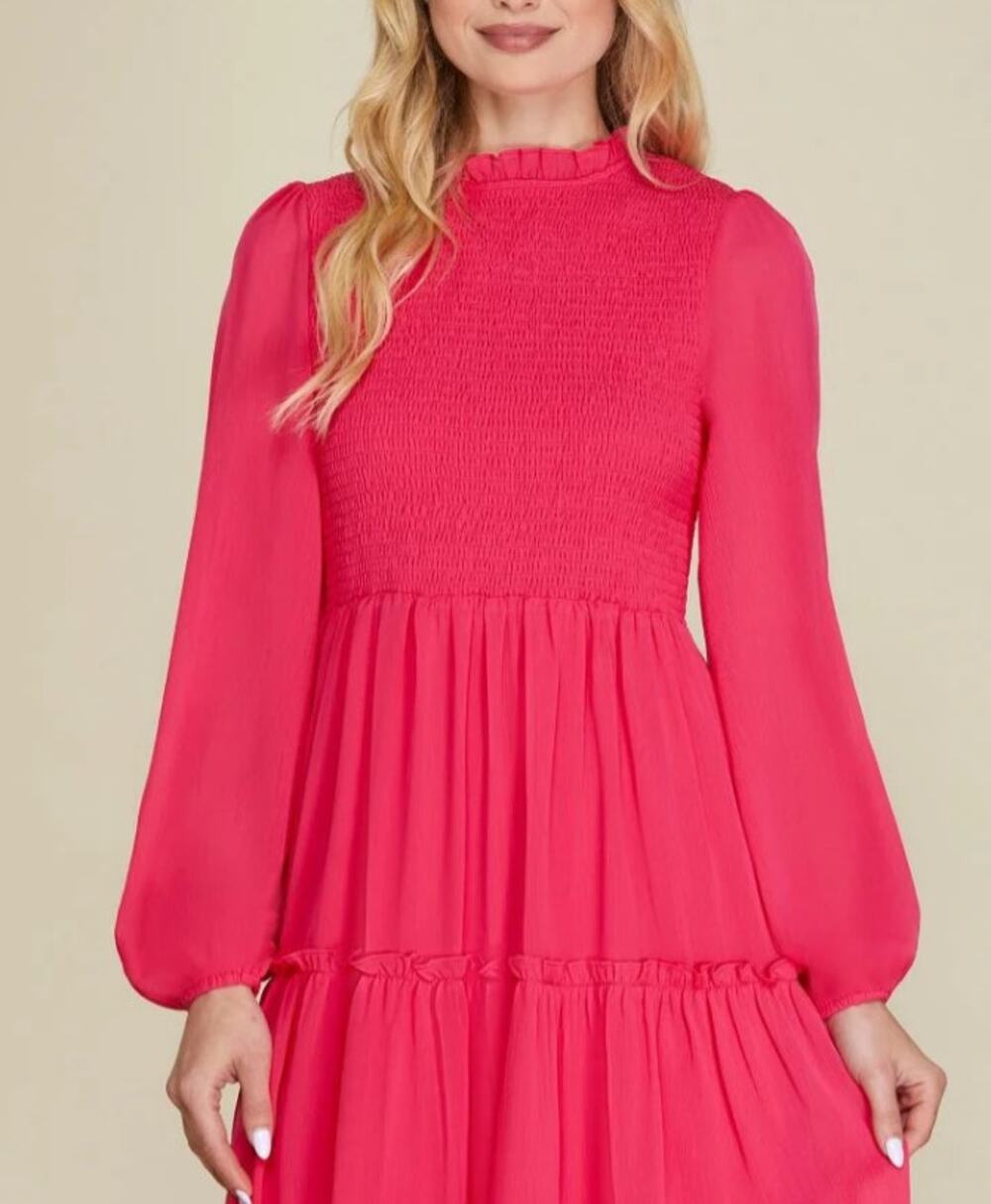 SHE + SKY CHERRY PINK SMOKED TIERED LONG SLEEVES MINI DRESS